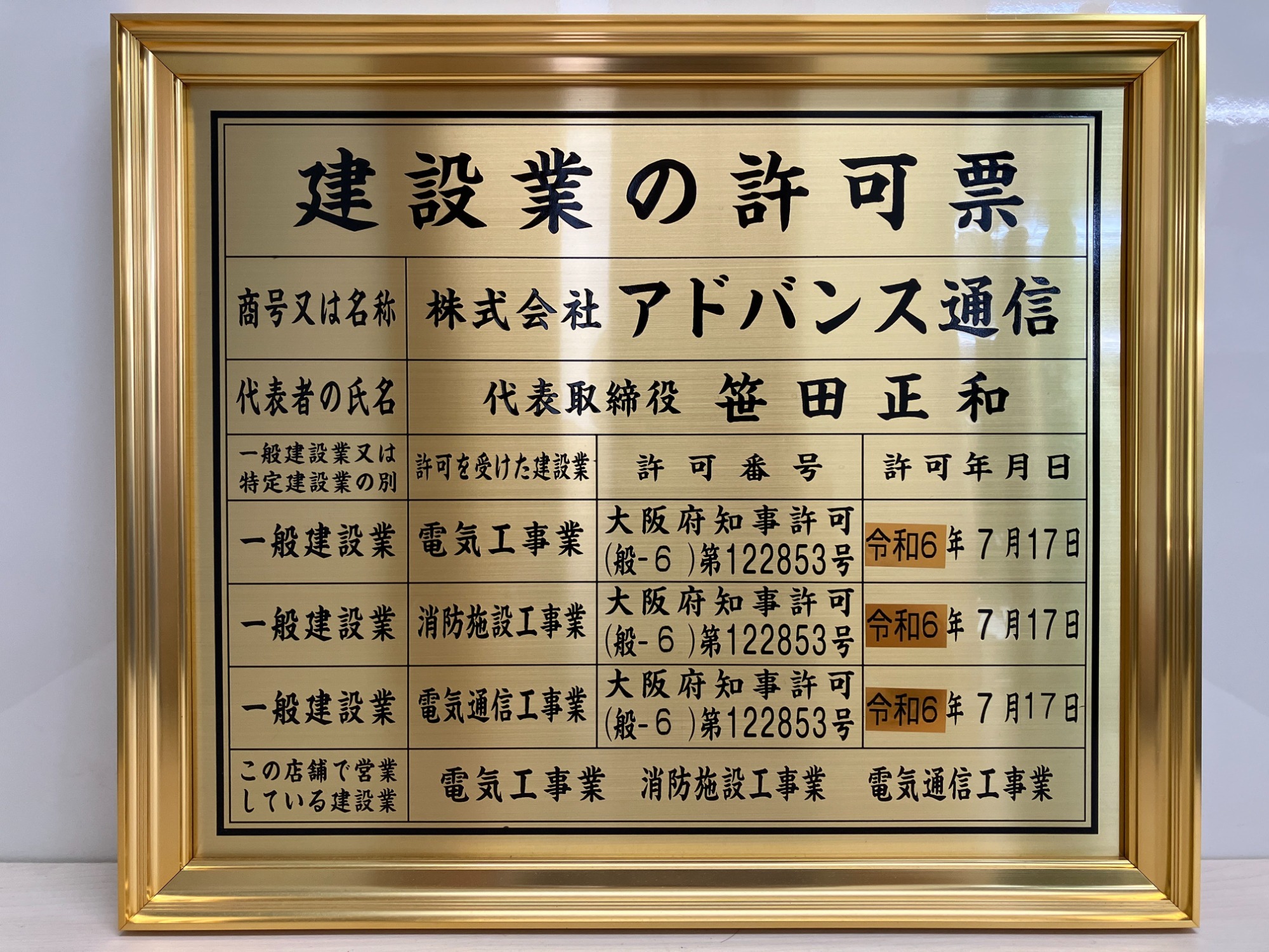 写真：建設業許可票